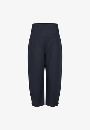 Spodnie o wysokim stanie, luźnym kroju w kolorze granatowym, krótkie z guzikami przy krawędzi, prezentowane na białym tle.