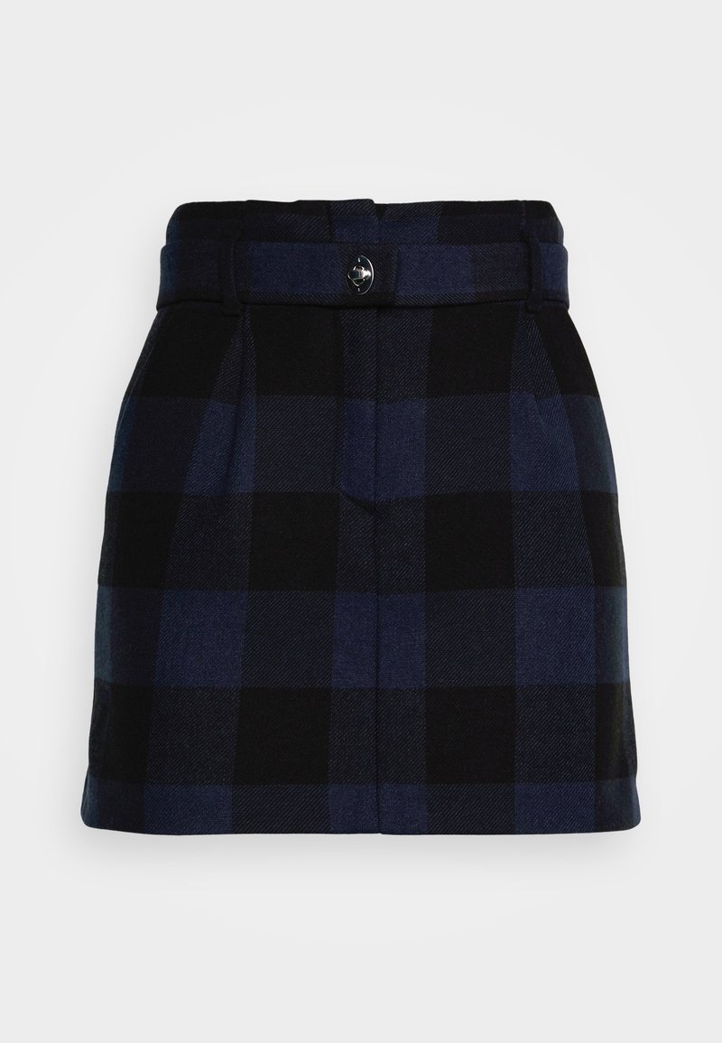 Jupe à carreaux bleue et noire, fabriquée en tissu texturé. Elle comporte une ceinture visible, une fermeture à boutons et un détail plissé à l'avant.