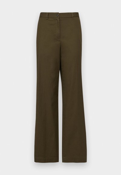 Olive green, wide-leg trousers made of cotton blend fabric. Features a front button closure, belt loops, and two side pockets.