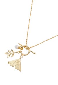 Gold-tone necklace featuring a toggle clasp, decorative leaf and moth charms, and a pearl accent. Chain has a beaded texture.