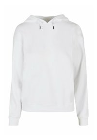 Hvit hettegenser laget av myk stoff, med snøring i hetten, lange ermer og ribbestrikkede mansjetter. Enkel, minimalistisk design uten mønstre.