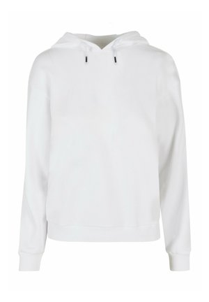 Sudadera blanca hecha de tela suave, con capucha ajustable, mangas largas y puños acanalados. Diseño simple y minimalista sin patrones.