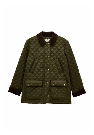 Quilted green jacket with a brown corduroy collar, two front pockets, snap closures, and textured diamond pattern on fabric.