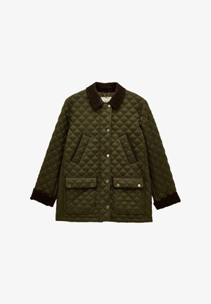 Grüne gesteppte Jacke mit einem braunen Kordkragen, zwei Vorderaschen, Druckknopfverschlüssen und strukturiertem Rautenmuster auf dem Stoff.