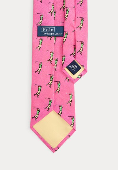 Ροζ μεταξωτή γραβάτα με επαναλαμβανόμενο σχέδιο γκόλφερ, ετικέτα Polo by Ralph Lauren και ταμπέλα «Χειροποίητο στην Ιταλία».