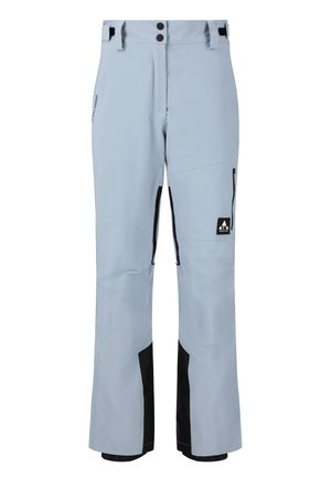 Lichtblauwe waterdichte skibroek met een zwarte accentstreep, twee voorkruisen, versterkte boorden en verstelbare tailleknopen.