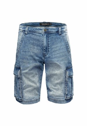 Denim cargo shorts in light blue with a faded wash, featuring side pockets, a button closure, and a straight cut.