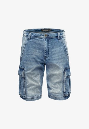 Denim Cargo-Shorts in Hellblau mit einer ausgewaschenen Optik, ausgestattet mit Seitentaschen, einem Knopfverschluss und einem geraden Schnitt.