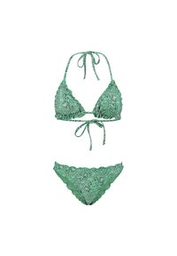 Zöld, paisley mintás bikini szett, fodros széllel, nyakba köthető pántokkal és azonos mintázatú alsó résszel.