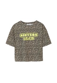 T-shirt court en imprimé léopard beige et marron, arborant un graphisme néon jaune "SISTERS CLUB" sur le devant. Manches courtes, coupe décontractée.