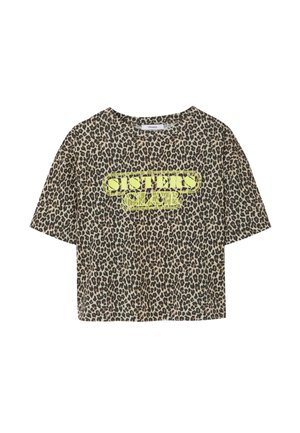 T-shirt court en imprimé léopard beige et marron, arborant un graphisme néon jaune "SISTERS CLUB" sur le devant. Manches courtes, coupe décontractée.