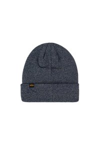 Knit beanie in dark blue with a folded cuff. Soft texture, seamless top, and a small yellow logo tab on the side.