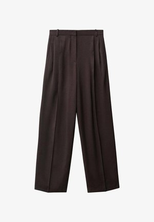 Spodnie o szerokich nogawkach w ciemnobrązowym materiale. Cechy obejmują karkasy z przodu, pasek z pętlami oraz boczne kieszenie. Gładka struktura.