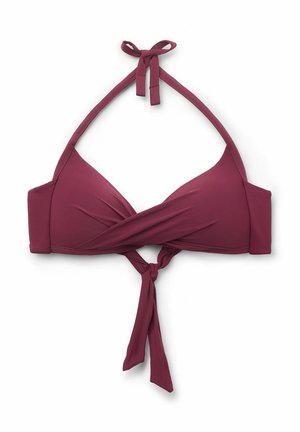 Haut de bikini mauve avec un col halter, présentant un design avant torsadé et un détail de nœud au centre. Fabriqué à partir d'un matériau lisse et élastique.