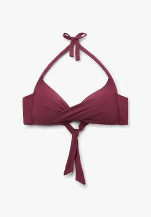 Mauve bikini top with a halter neck, featuring a twisted front design and knot detail at the center. Made from smooth, elastic material.