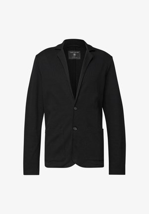 Blazer nero realizzato in tessuto testurizzato; presenta un colletto a punta, due tasche frontali e due bottoni sulla parte anteriore.