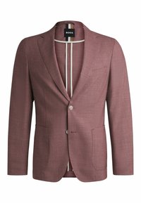 Skräddarsydd blazer i ljus burgundy tyg, med två framfickor, enkelknäppt knäppning och kontrasterande inre randar.