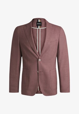 Tilpasset blazer i lys burgunderstof, med to forlommer, enkelt knaplukning og kontrasterende indvendige striber.
