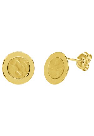Boucles d'oreilles à clou en ton or, présentant un design circulaire avec une texture martelée au centre et un rebord lisse. Fermeture à poussoir sécurisée.