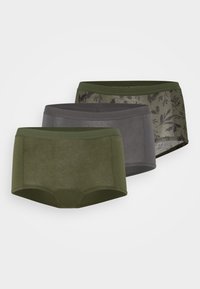 Tri páry boxeriek v tmavozelenej, olivovo zelenej a sivej farbe, vyrobených z mäkkého materiálu, s elastickými páskami v páse a s kvetinovým vzorom na jednom páre.