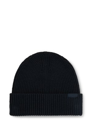 Black knitted beanie with folded cuff and ribbed texture, shown on a white background.