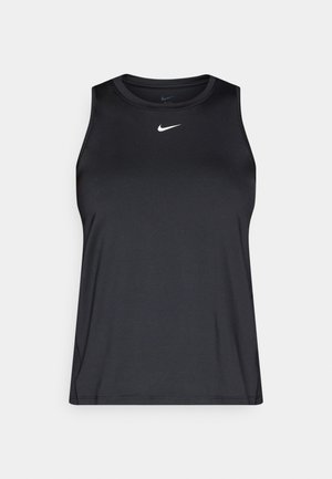 Zwart atletisch tanktopje gemaakt van gladde stof, met een ronde halslijn en een contrasterend wit Nike-logo op de borst.