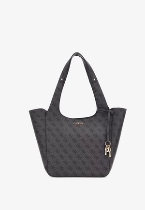 Borsa tote nera con motivo monogram, texture liscia, ampî spallacci e un piccolo lucchetto in metallo come dettaglio.