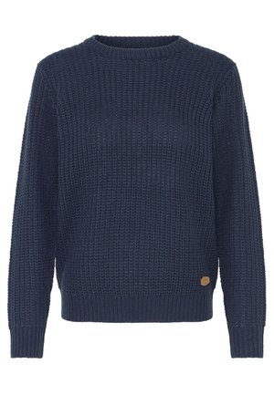 Námořnická modrá pletená svetr s texturovaným vzorem, kulatým výstřihem a žebrovanými manžetami a lemem. Obsahuje malou koženou nášivku s logem.