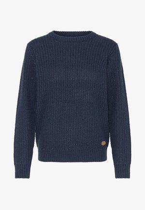 Tumed sinine kudumiga sviiter, millel on tekstureeritud muster, ümar kaelus ja soonikkoes varrukaotsad ning alläär. Sisaldab väikest bränditud nahkplaati.