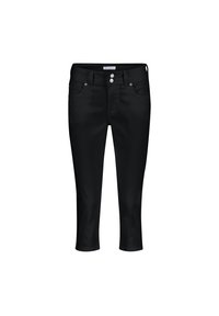 Sorte cropped jeans lavet af blød stof, med to forlommer, to baglommer, to sølv logo knapper og en tætsiddende talje.