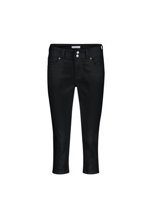 Sorte cropped jeans lavet af blød stof, med to forlommer, to baglommer, to sølv logo knapper og en tætsiddende talje.