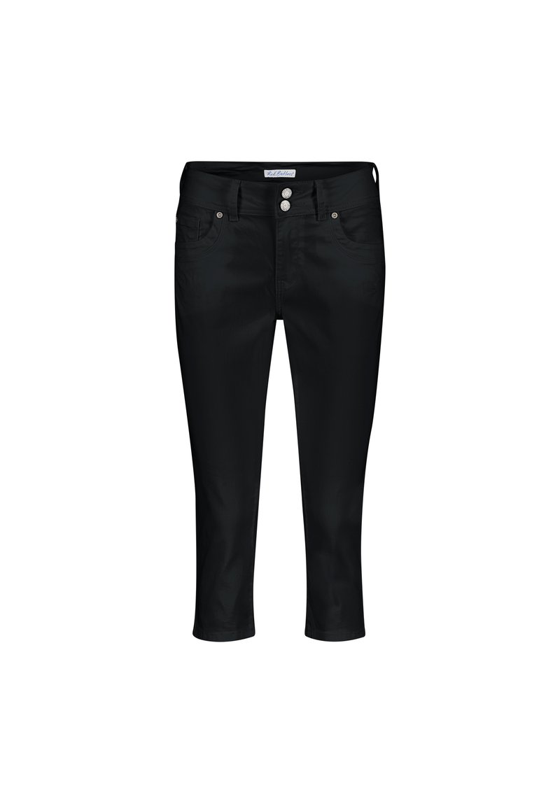 Sorte cropped jeans lavet af blød stof, med to forlommer, to baglommer, to sølv logo knapper og en tætsiddende talje.