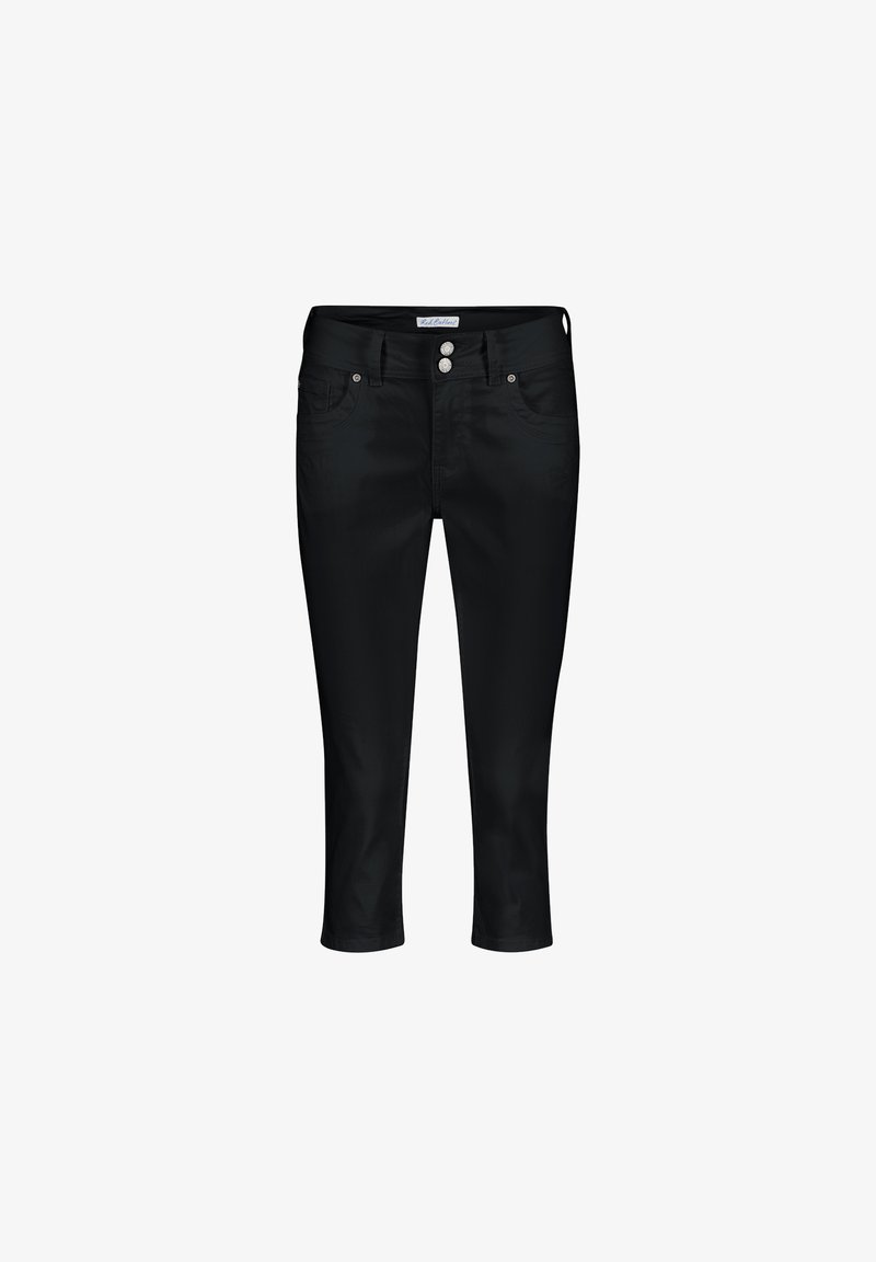 Sorte cropped jeans lavet af blød stof, med to forlommer, to baglommer, to sølv logo knapper og en tætsiddende talje.