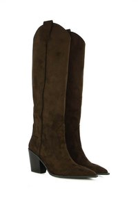 Botas de ante marrón hasta la rodilla con punteras afiladas y un tacón bloque cónico. Presentan costuras decorativas y una silueta elegante.
