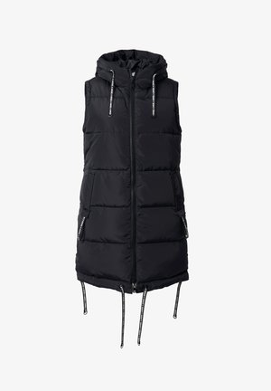 Gilet nero imbottito con un design a spicchi spesso, chiusura con zip, cappuccio e coulisse. Presenta due tasche frontali con cinturini in contrasto.