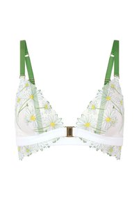 Soutien-gorge blanc brodé de fleurs avec des bretelles ajustables vertes, des bonnets triangulaires, une texture transparente et des détails en métal doré au centre.