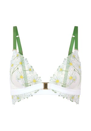 Soutien-gorge blanc brodé de fleurs avec des bretelles ajustables vertes, des bonnets triangulaires, une texture transparente et des détails en métal doré au centre.