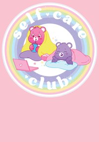 Cartoonbären mit Pastellfell, einer mit pinken Haaren, der ein Getränk hält, der andere in eine lila Decke gewickelt. Text liest "Selbstpflege-Club" in einem kreisförmigen Design mit Regenbogenakzenten.