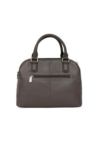Borsa a mano in pelle marrone con doppio manico superiore, tasca frontale con zip e cuciture a vista. Texture liscia con accenti in metallo argentato.