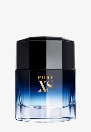 Dark blue gradient glass perfume bottle with black cap, gold "PURE XS" text centered on front.