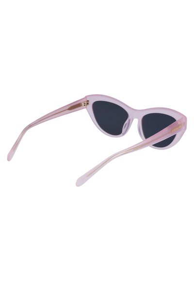 Pink cat-eye sunglasses with semi-transparent frames and dark lenses. Gold accents on the temples enhance the design.