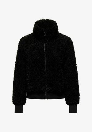 Czarna kurtka polarowa z wysokim kołnierzem, pełnym zamkiem z przodu, prążkowanymi mankietami i dołem. Charakteryzuje się teksturowaną, puszystą powierzchnią. Standardowy krój, casualowy design.