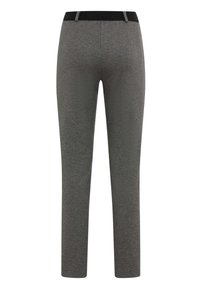 Pantaloni grigi slim-fit realizzati in tessuto strutturato, con una cintura nera a contrasto e un design posteriore senza cuciture.
