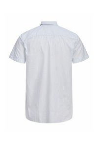 White short-sleeve button-up shirt with a subtle small dotted pattern, shown from the back with a standard collar.
