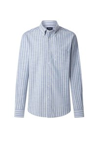 Lichtblauw overhemd met knopen en verticale witte strepen, van katoen, met lange mouwen, een spread collar en een borstzakje met branding.