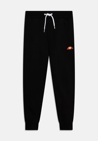 Schwarze Sweatpants aus weichem Stoff mit einem weißen Kordelzug. Mit einem orangefarbenen und gelben gestickten Logo auf dem linken Oberschenkel.