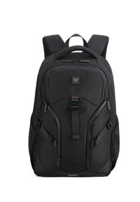 Sac à dos noir en nylon texturé, doté de bretelles réglables, de compartiments zippés et d'accents orange sur les côtés.