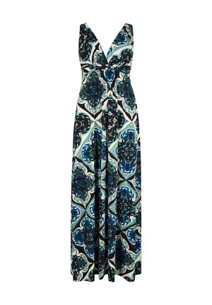 Maxi-Kleid mit V-Ausschnitt, das ein geometrisches Blumenmuster in Blau, Schwarz und Grün auf cremefarbenem Hintergrund zeigt; aus leichtem Stoff gefertigt.