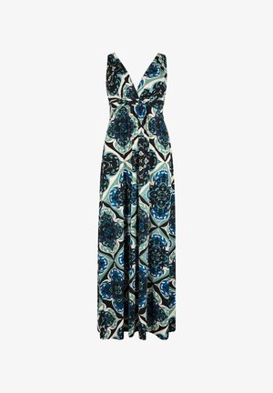 Maxi-Kleid mit V-Ausschnitt, das ein geometrisches Blumenmuster in Blau, Schwarz und Grün auf cremefarbenem Hintergrund zeigt; aus leichtem Stoff gefertigt.