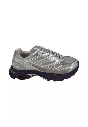 Gray and silver Etonic running shoe with lace-up closure and black cushioned sole.